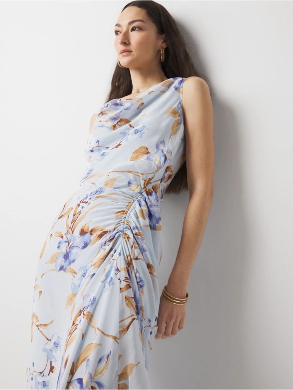 WHITEHOUSE BLACKMARKET•petite cowl neck floral ruched midi dress 8P EUC - Picture 3 of 8